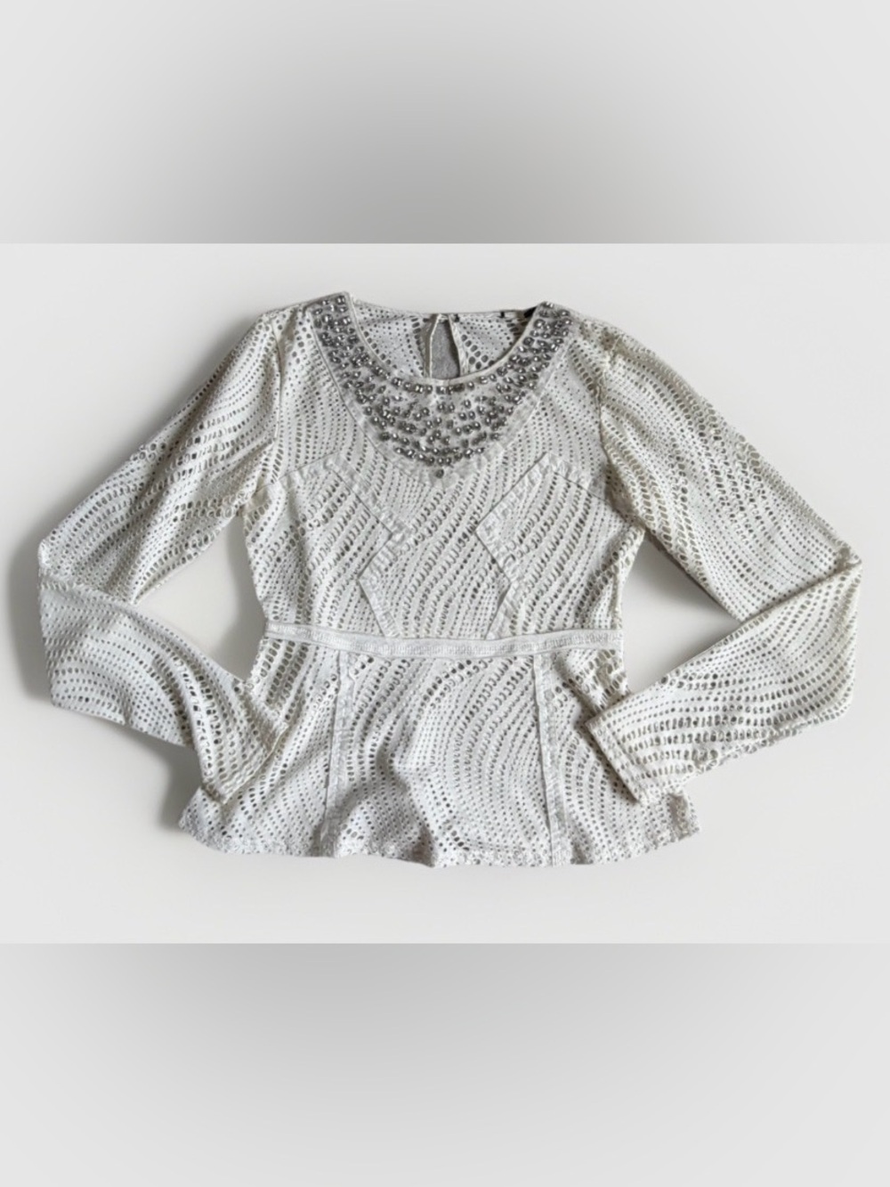 Crochet Eyelet Empire Peplum Top Rhinestone Jewel Coquette Festival Editorial